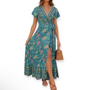 Zesica Maxi Multicolor Floral Flutter Short Sleeve wrap Dress​